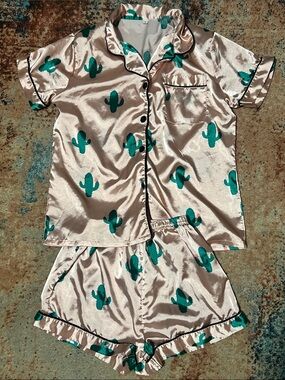 Satin Pajama Set - Cactus on Blush (small but fit is XS)